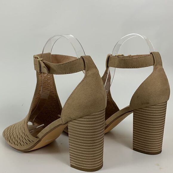 EXPRESS chunky block heel shoes tan size 8 peep toe - Picture 7 of 8
